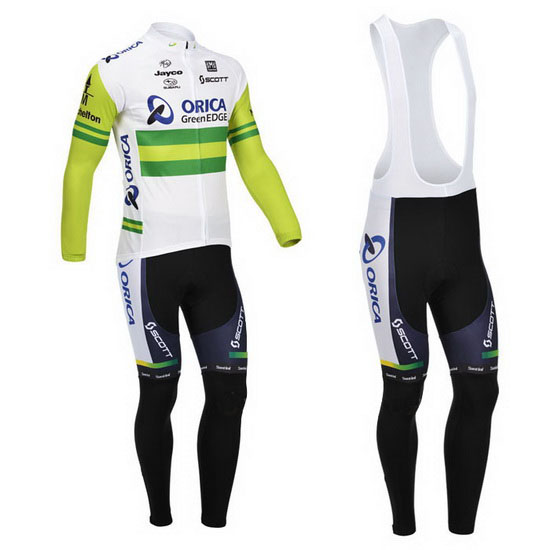 2013 Maillot GreenEDGE Tirantes Mangas Largas Blanco Y verde